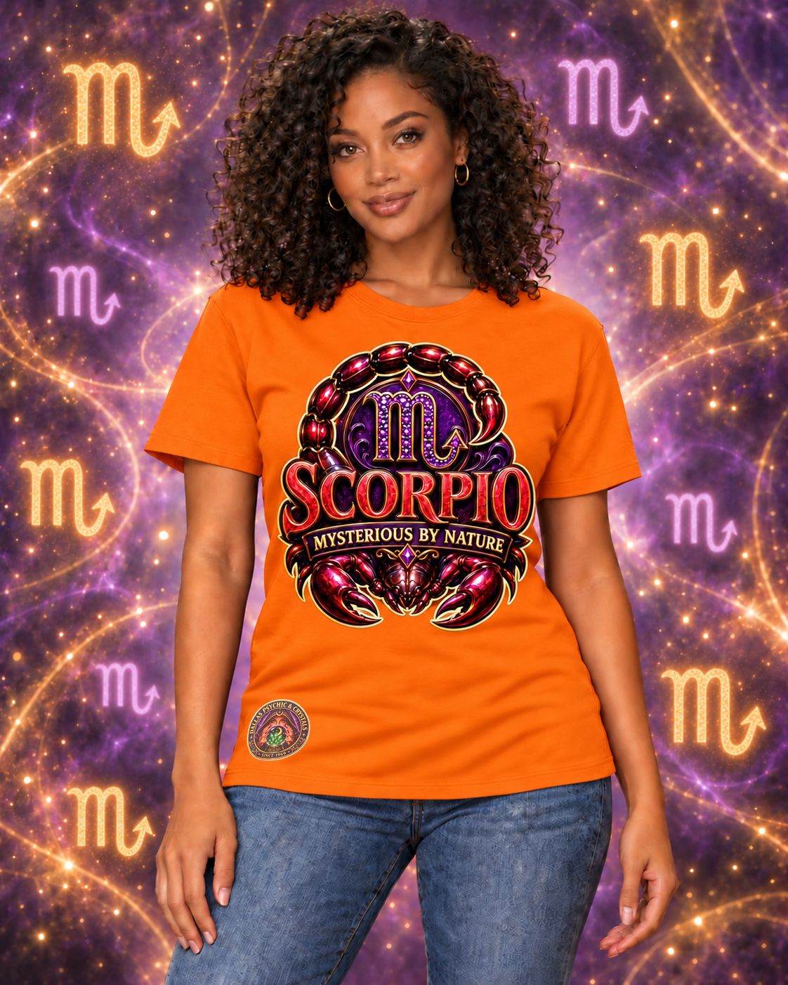Orange Scorpio zodiac crew-neck T-shirt, front view with “Mysterious by Nature” artwork; AI-generated preview.