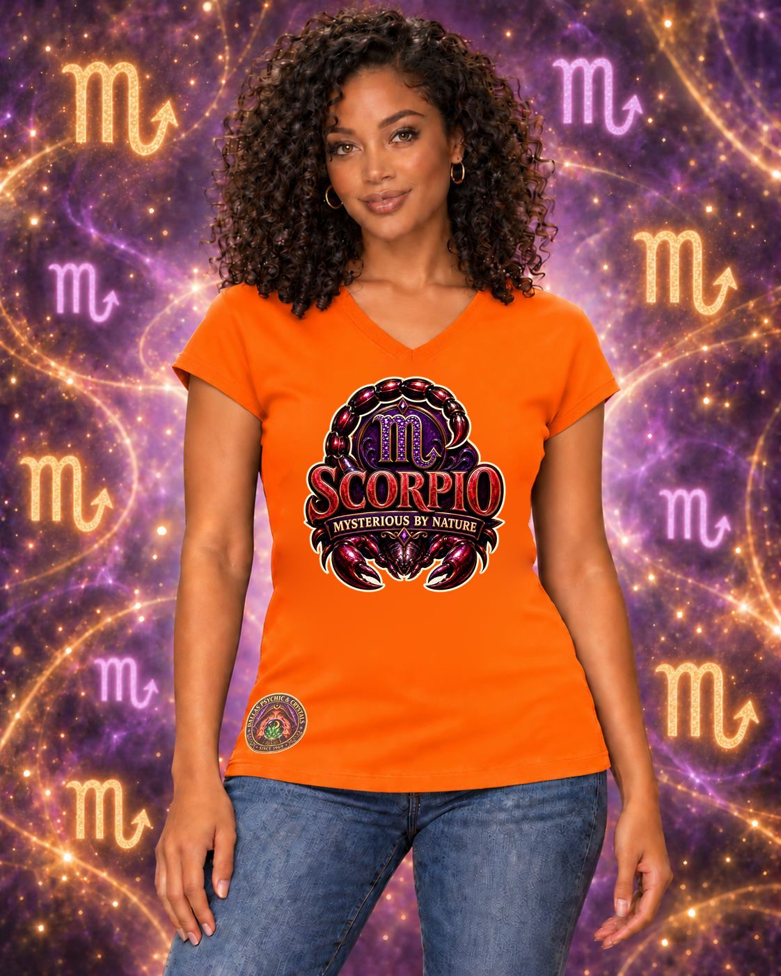 Orange Scorpio zodiac women's V-neck T-shirt, front view with “Mysterious by Nature” artwork; AI-generated preview.
