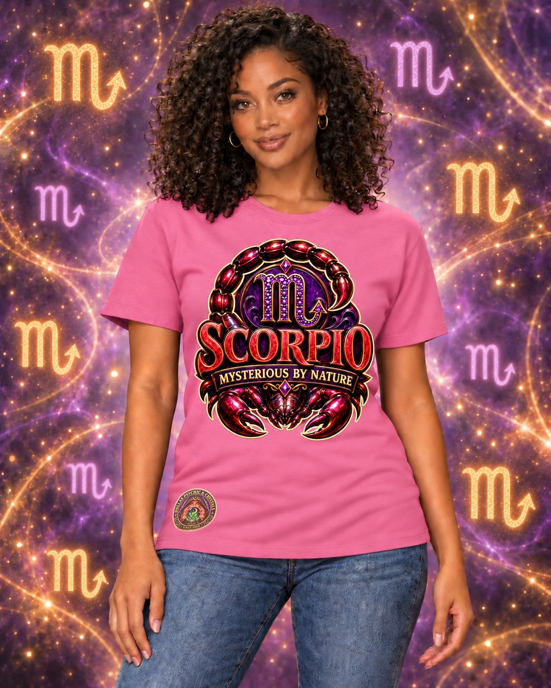 Pink Scorpio zodiac crew-neck T-shirt, front view with “Mysterious by Nature” artwork; AI-generated preview.