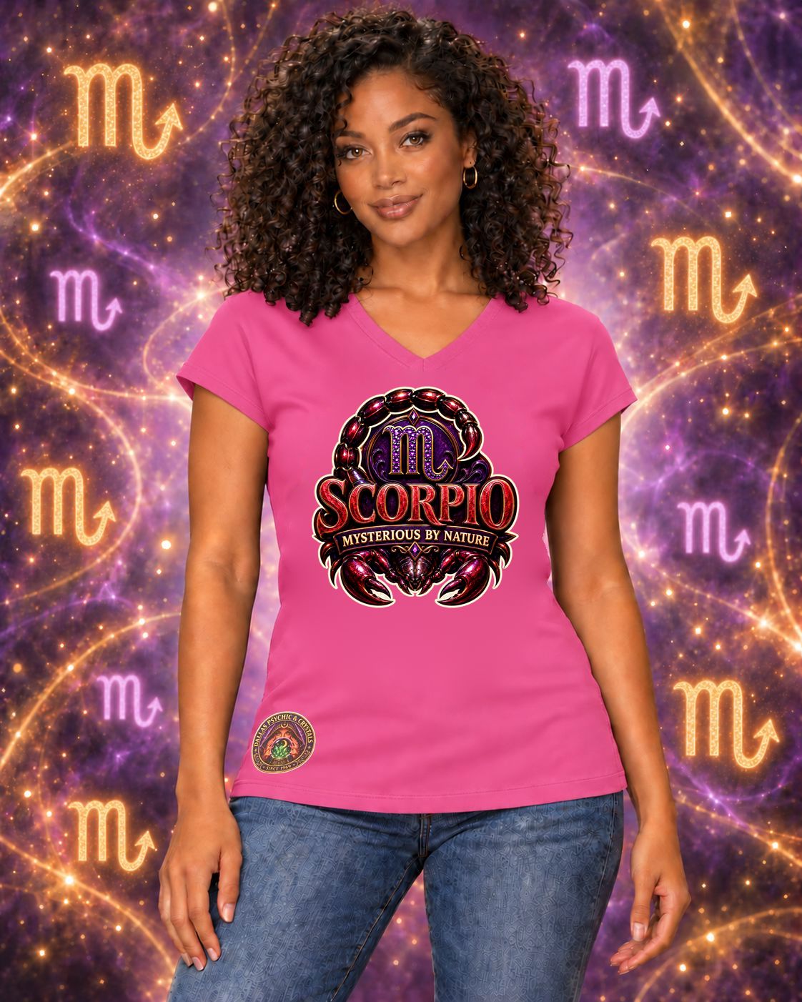 Pink Scorpio zodiac women's V-neck T-shirt, front view with “Mysterious by Nature” artwork; AI-generated preview.