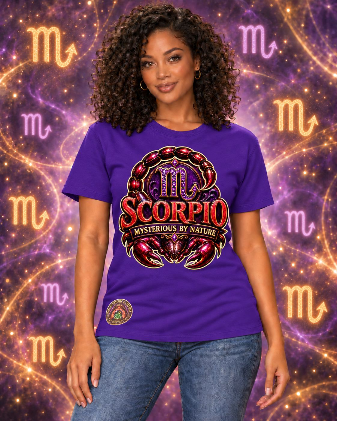 Purple Scorpio zodiac crew-neck T-shirt, front view with “Mysterious by Nature” artwork; AI-generated preview.