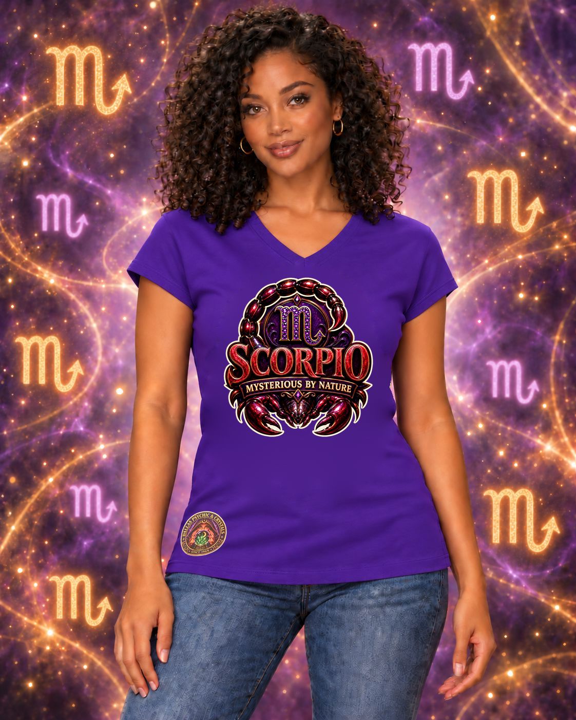 Purple Scorpio zodiac women's V-neck T-shirt, front view with “Mysterious by Nature” artwork; AI-generated preview.