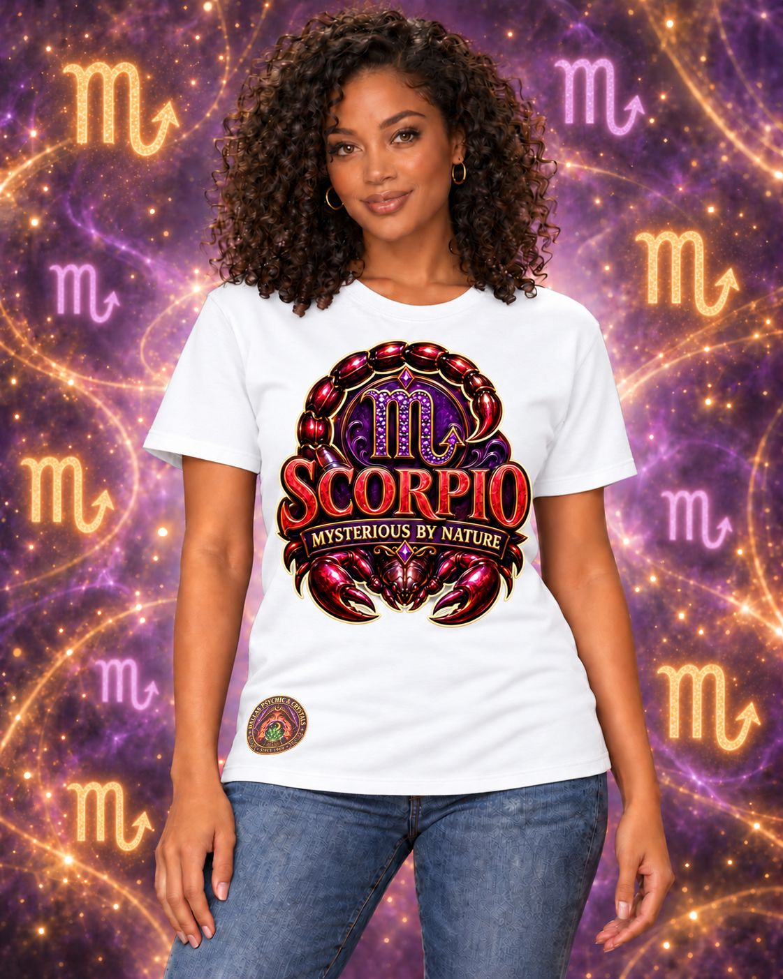 White Scorpio zodiac crew-neck T-shirt, front view with “Mysterious by Nature” artwork; AI-generated preview.