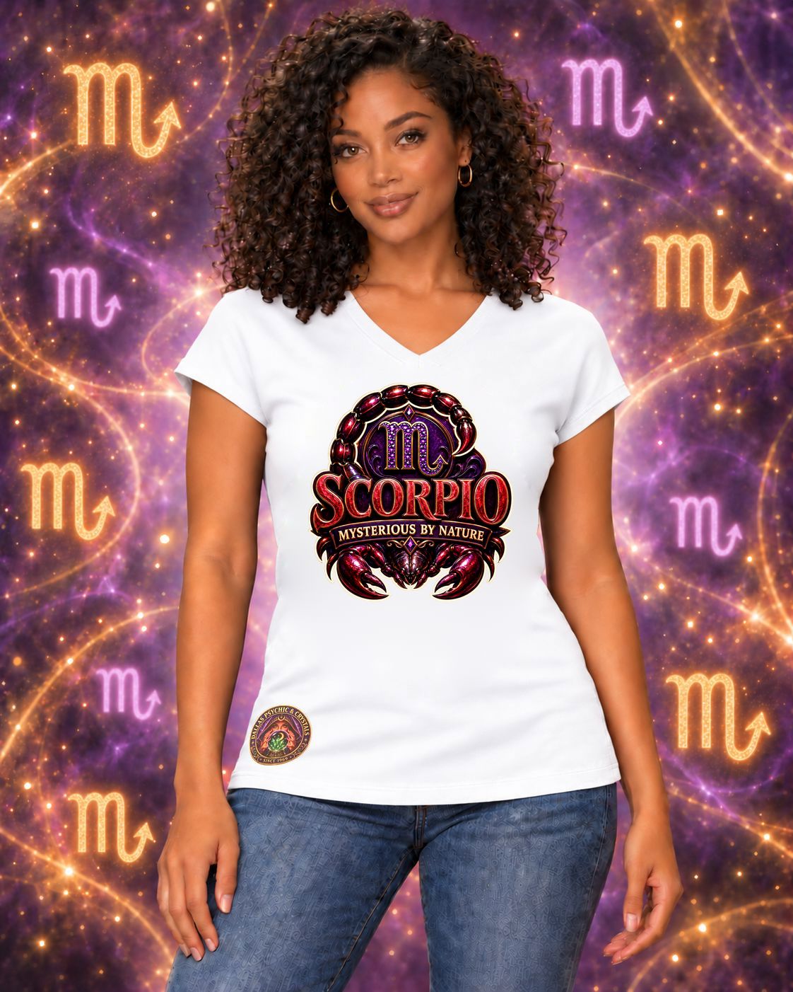 White Scorpio zodiac women's V-neck T-shirt, front view with “Mysterious by Nature” artwork; AI-generated preview.