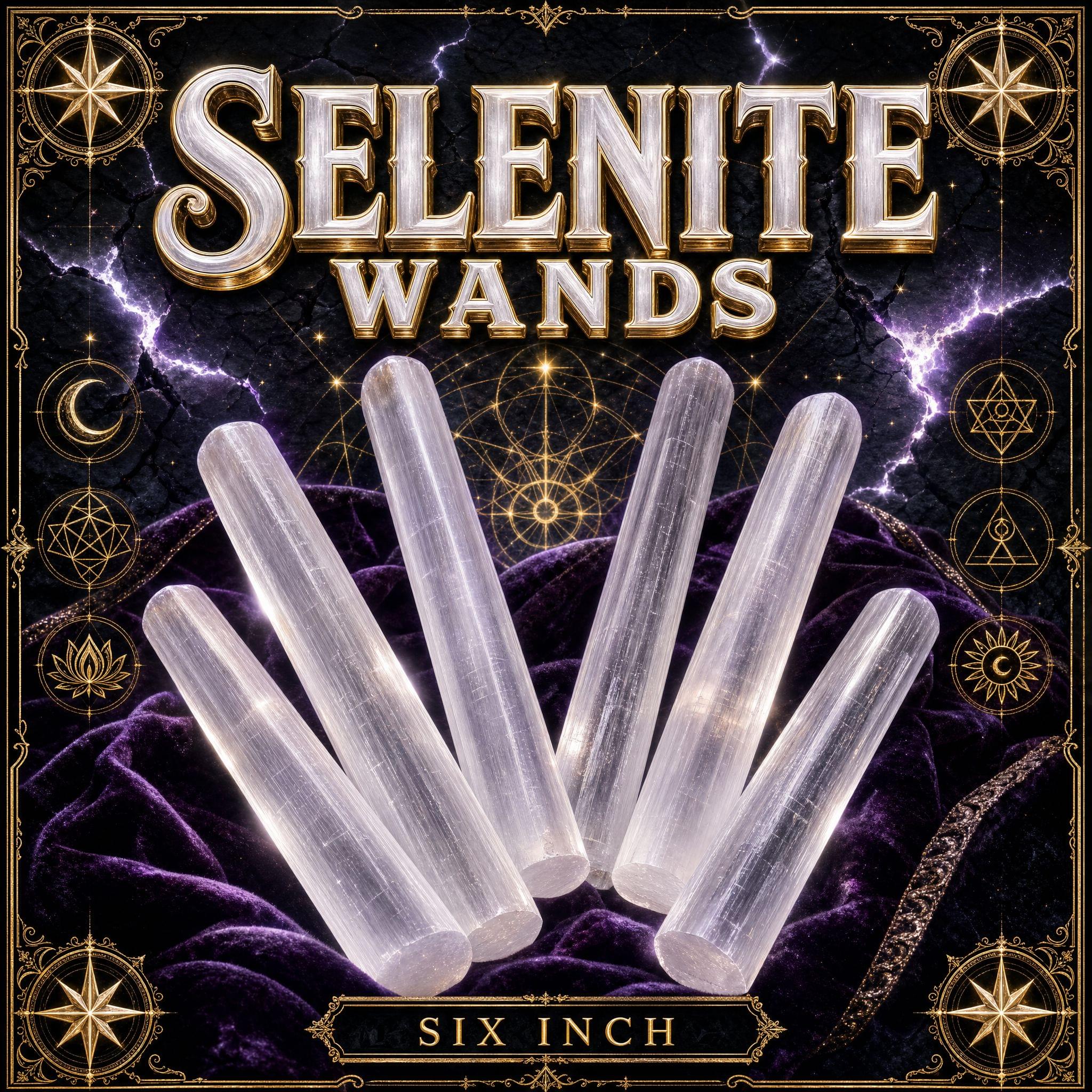 Fan of polished selenite wands, translucent milky white satin spar rods with fine silky lengthwise striations.