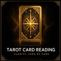 Tarot Card Reading emblem: a gold tarot card with a radiant star, framed in gold on deep black, captioned clarity card by card.