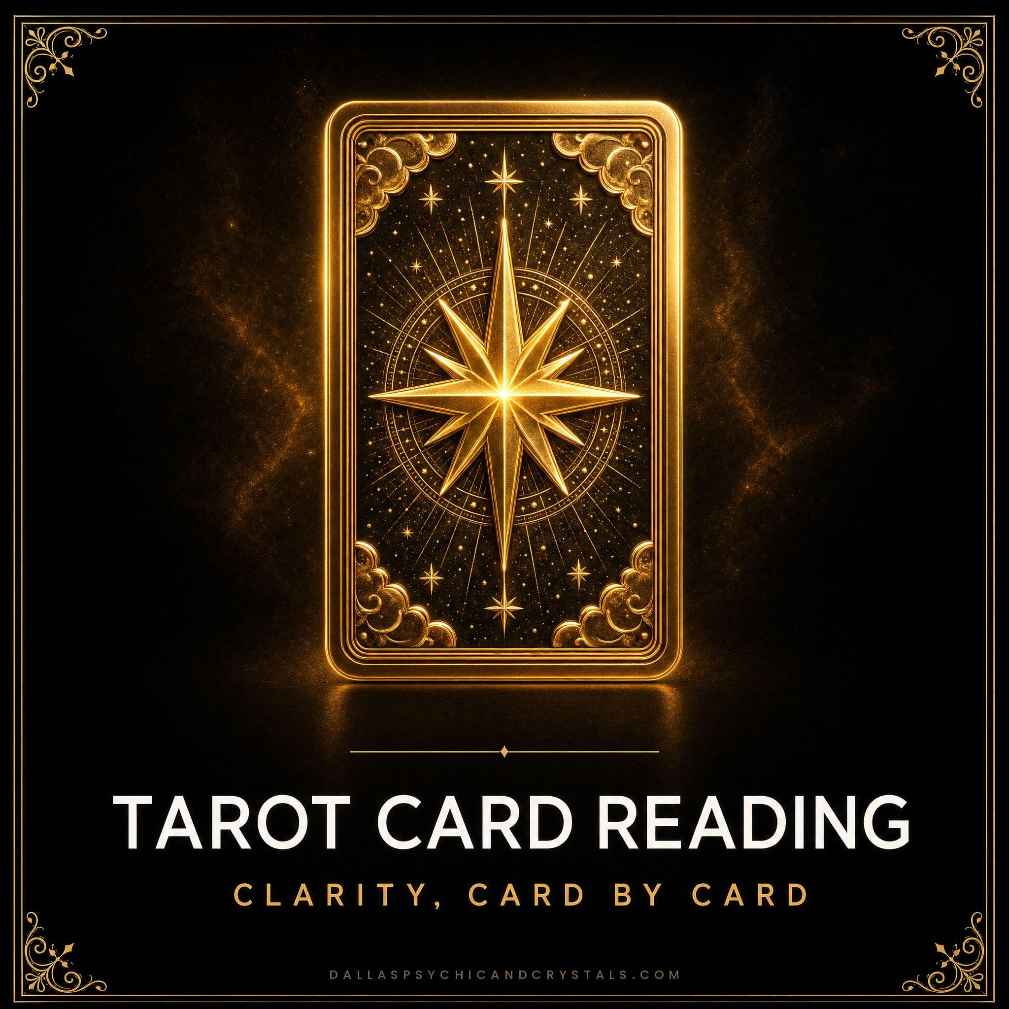 Tarot Card Reading emblem: a gold tarot card with a radiant star, framed in gold on deep black, captioned clarity card by card.