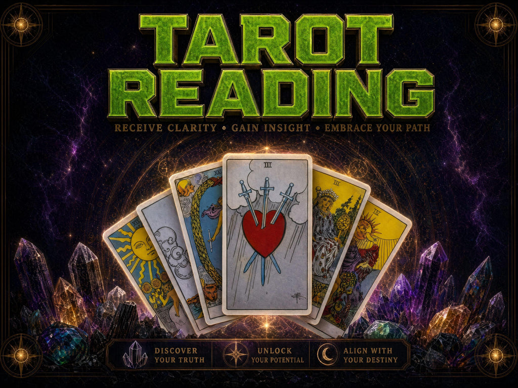Tarot reading banner with a spread of Rider-Waite tarot cards fanned over glowing amethyst crystals on a dark cosmic background.