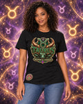 Black Taurus zodiac crew-neck T-shirt, front view with “Grounded & Unshaken” artwork; AI-generated preview.