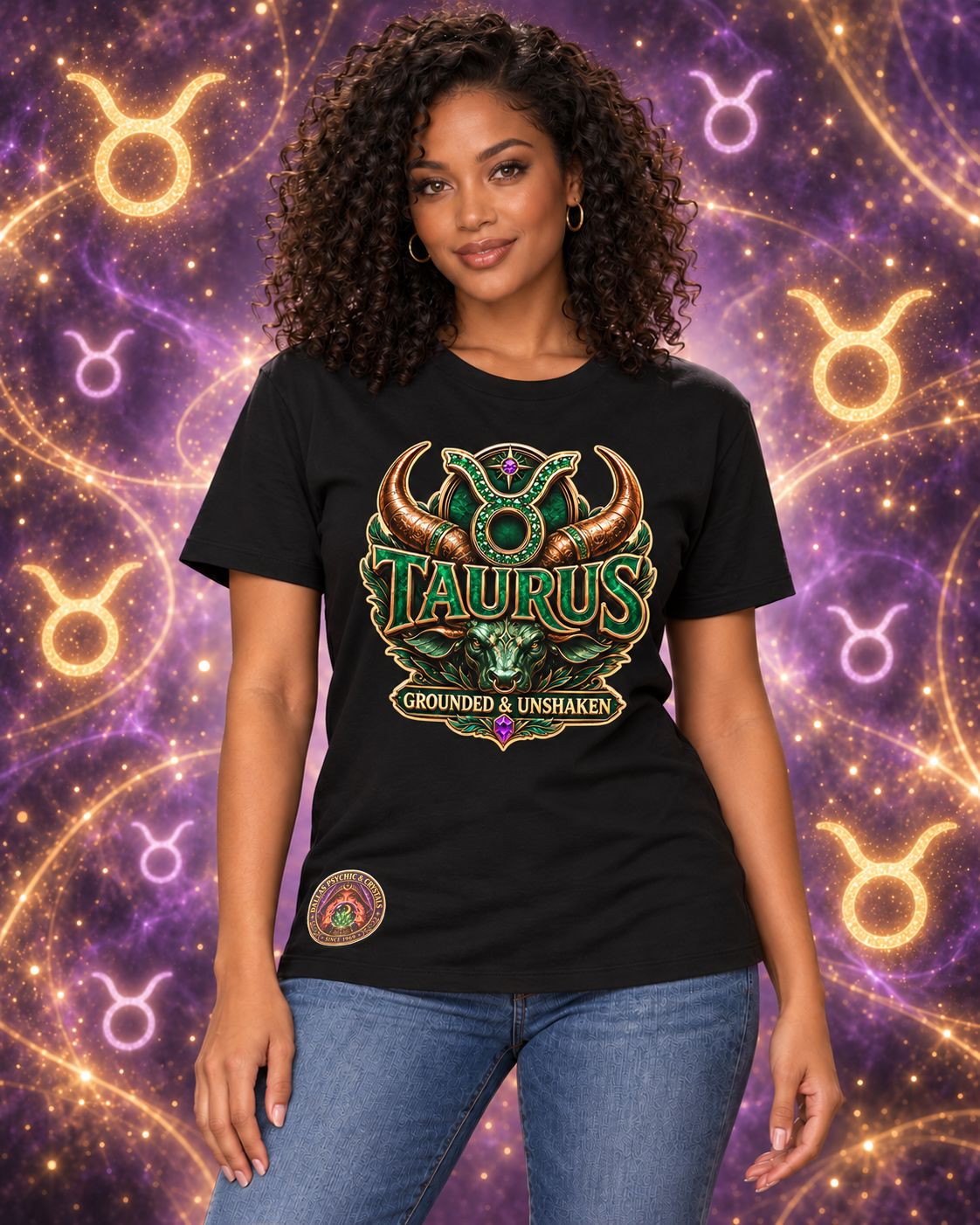 Black Taurus zodiac crew-neck T-shirt, front view with “Grounded & Unshaken” artwork; AI-generated preview.