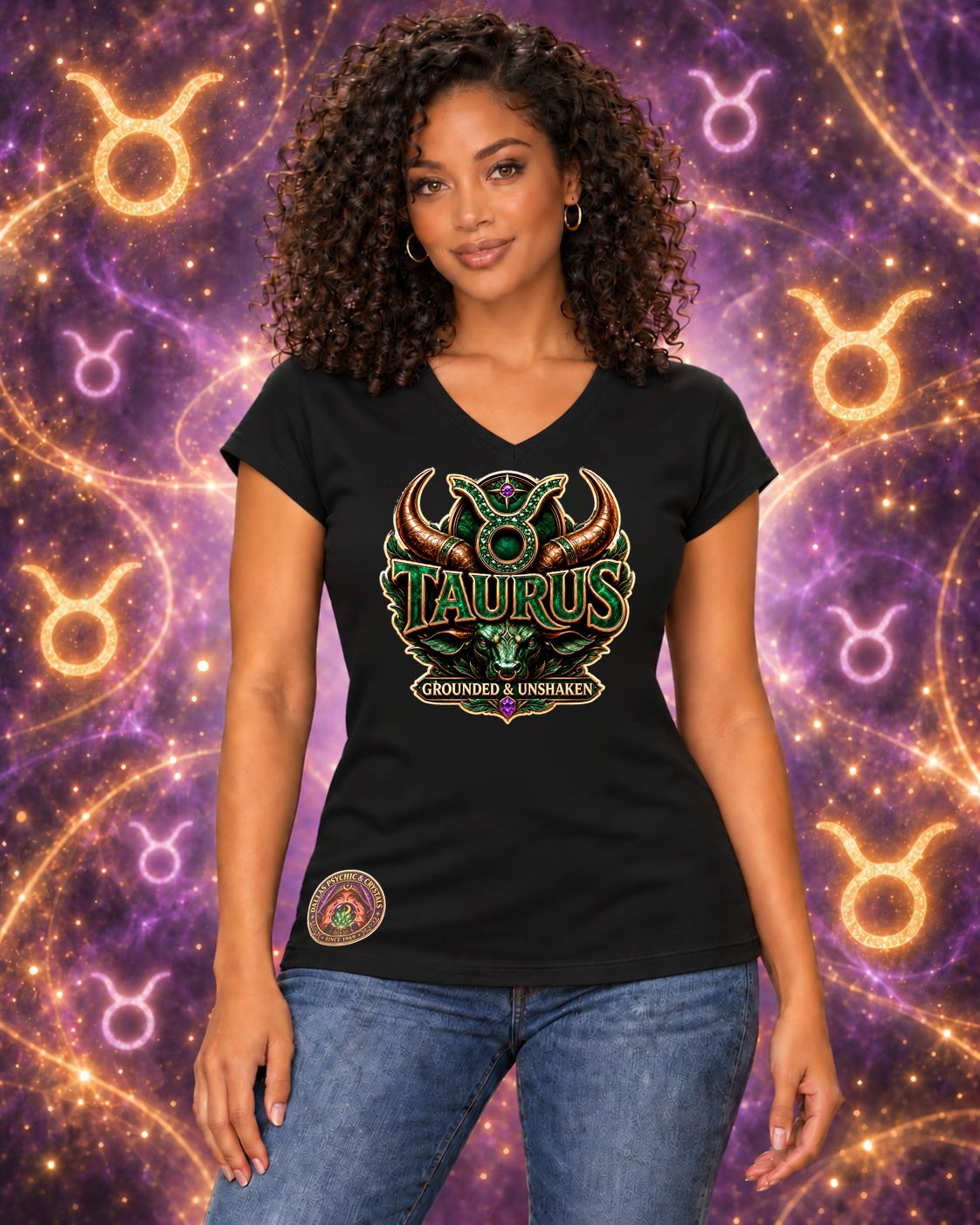 Black Taurus zodiac women's V-neck T-shirt, front view with “Grounded & Unshaken” artwork; AI-generated preview.