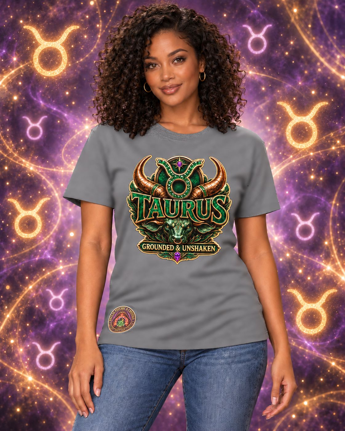 Grey Taurus zodiac crew-neck T-shirt, front view with “Grounded & Unshaken” artwork; AI-generated preview.