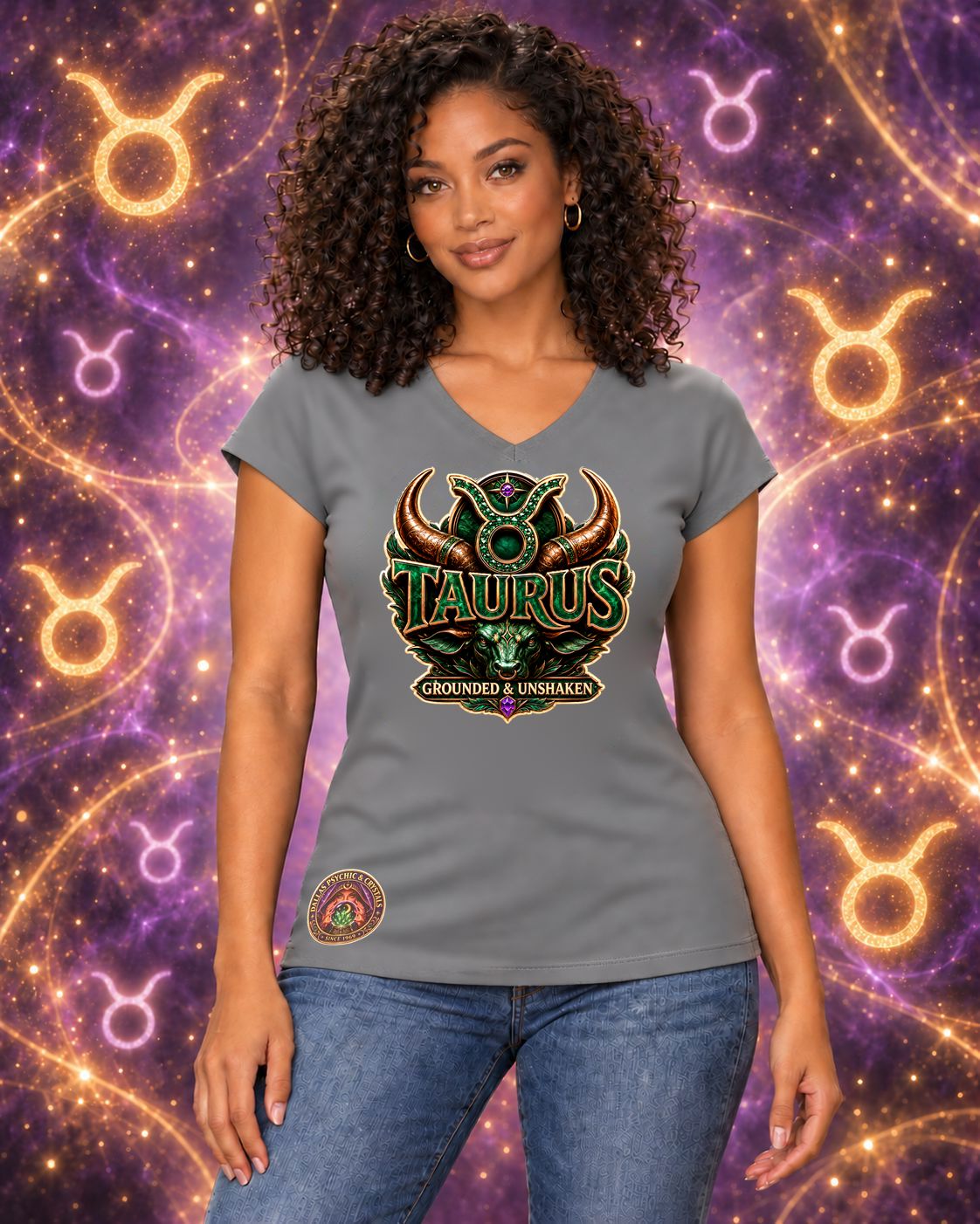 Grey Taurus zodiac women's V-neck T-shirt, front view with “Grounded & Unshaken” artwork; AI-generated preview.
