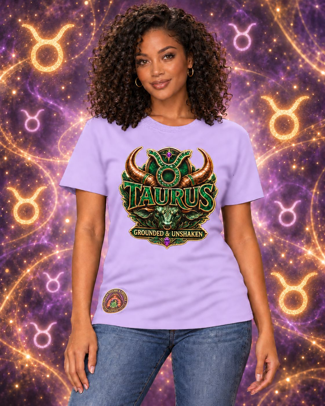 Lavender Taurus zodiac crew-neck T-shirt, front view with “Grounded & Unshaken” artwork; AI-generated preview.