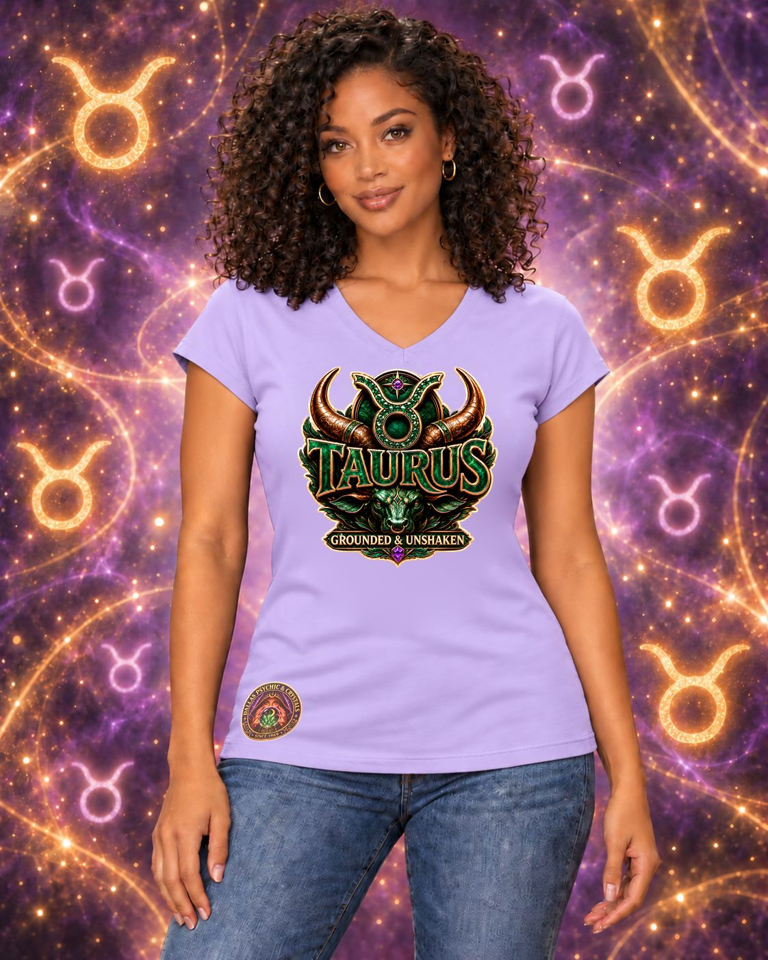 Lavender Taurus zodiac women's V-neck T-shirt, front view with “Grounded & Unshaken” artwork; AI-generated preview.