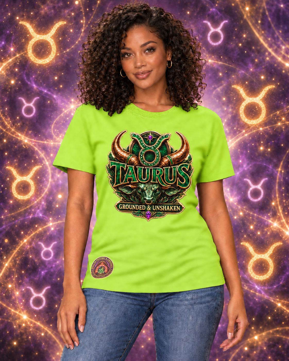 Lime Green Taurus zodiac crew-neck T-shirt, front view with “Grounded & Unshaken” artwork; AI-generated preview.