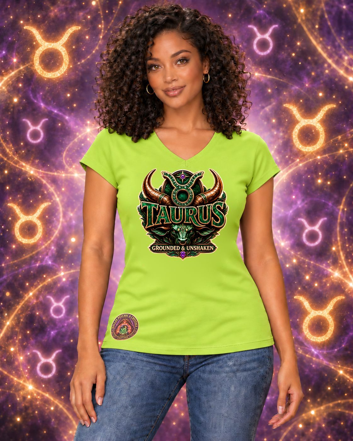Lime Green Taurus zodiac women's V-neck T-shirt, front view with “Grounded & Unshaken” artwork; AI-generated preview.