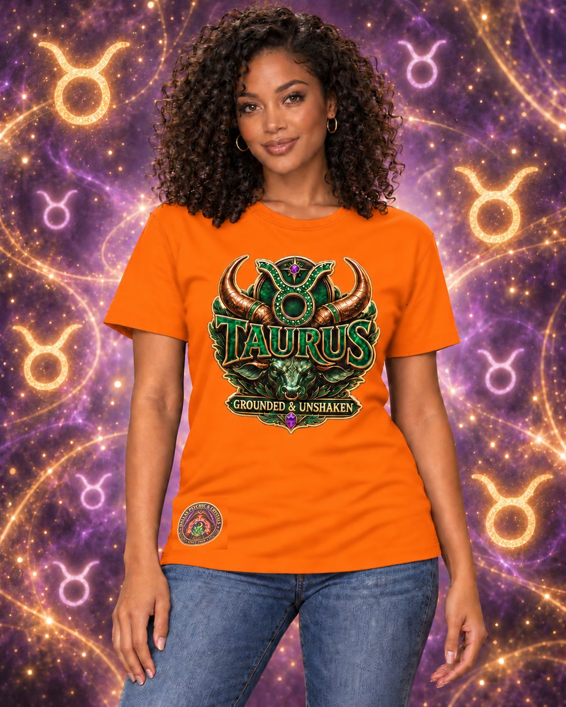 Orange Taurus zodiac crew-neck T-shirt, front view with “Grounded & Unshaken” artwork; AI-generated preview.
