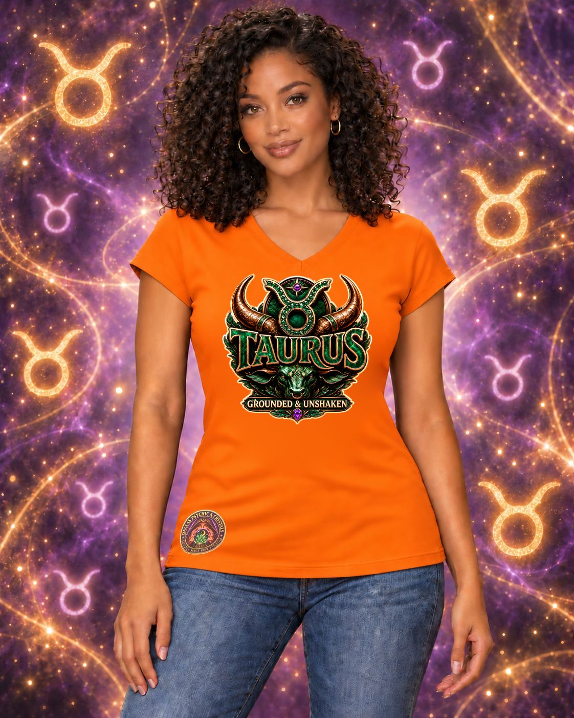 Orange Taurus zodiac women's V-neck T-shirt, front view with “Grounded & Unshaken” artwork; AI-generated preview.