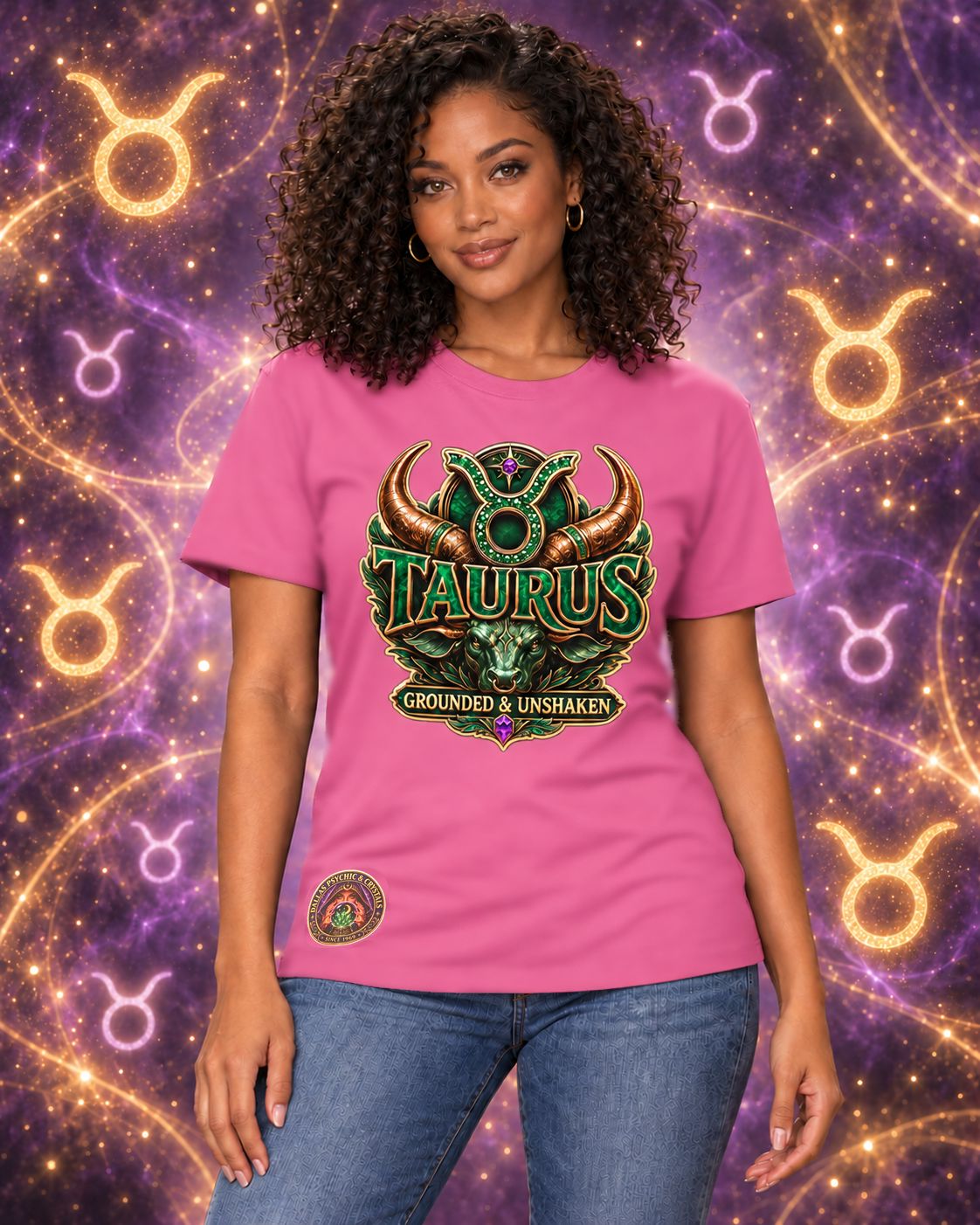 Pink Taurus zodiac crew-neck T-shirt, front view with “Grounded & Unshaken” artwork; AI-generated preview.