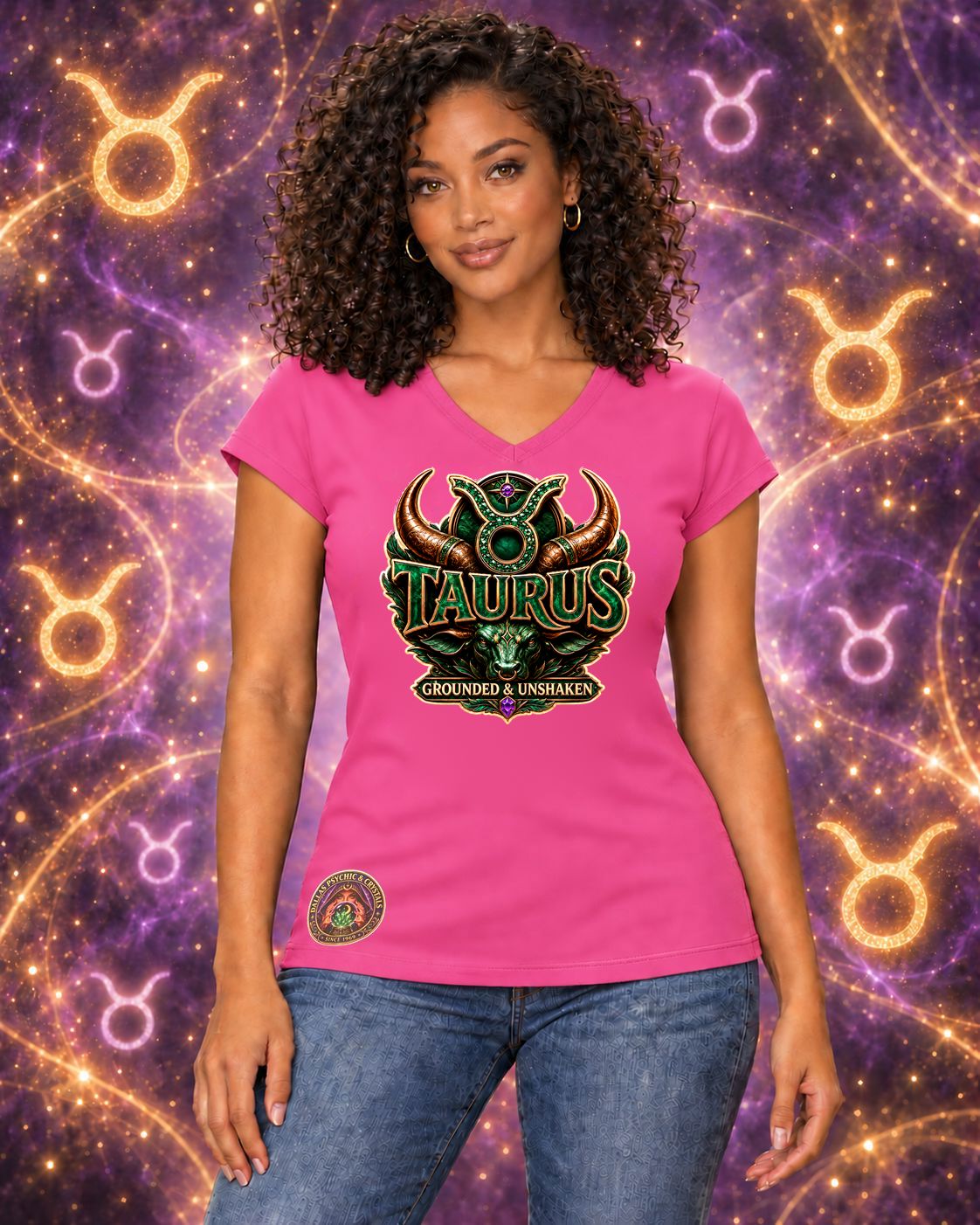 Pink Taurus zodiac women's V-neck T-shirt, front view with “Grounded & Unshaken” artwork; AI-generated preview.