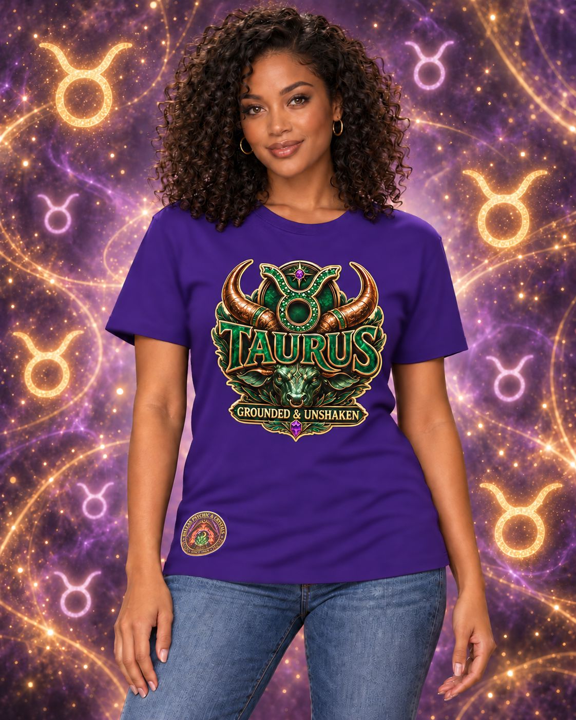 Purple Taurus zodiac crew-neck T-shirt, front view with “Grounded & Unshaken” artwork; AI-generated preview.