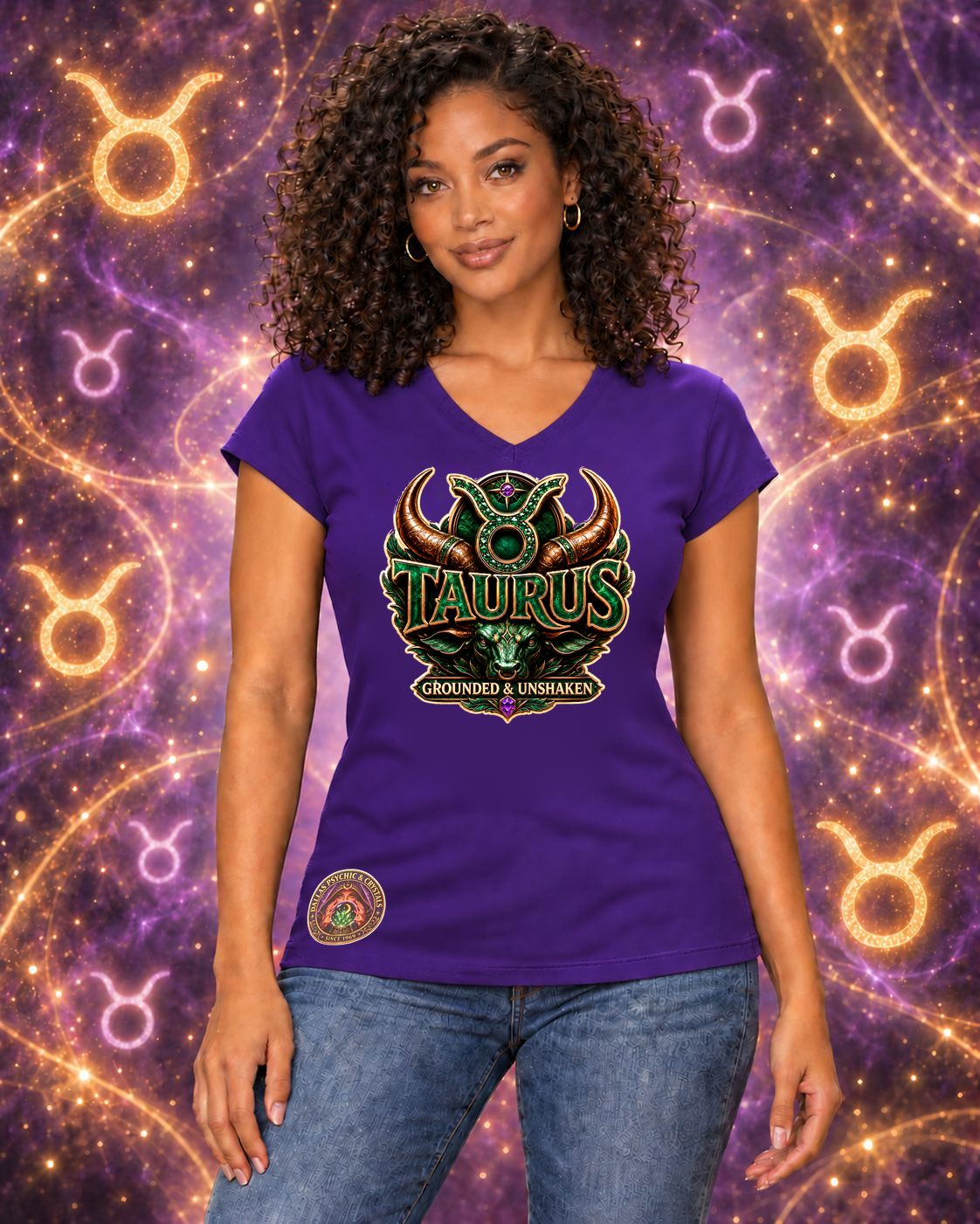 Purple Taurus zodiac women's V-neck T-shirt, front view with “Grounded & Unshaken” artwork; AI-generated preview.
