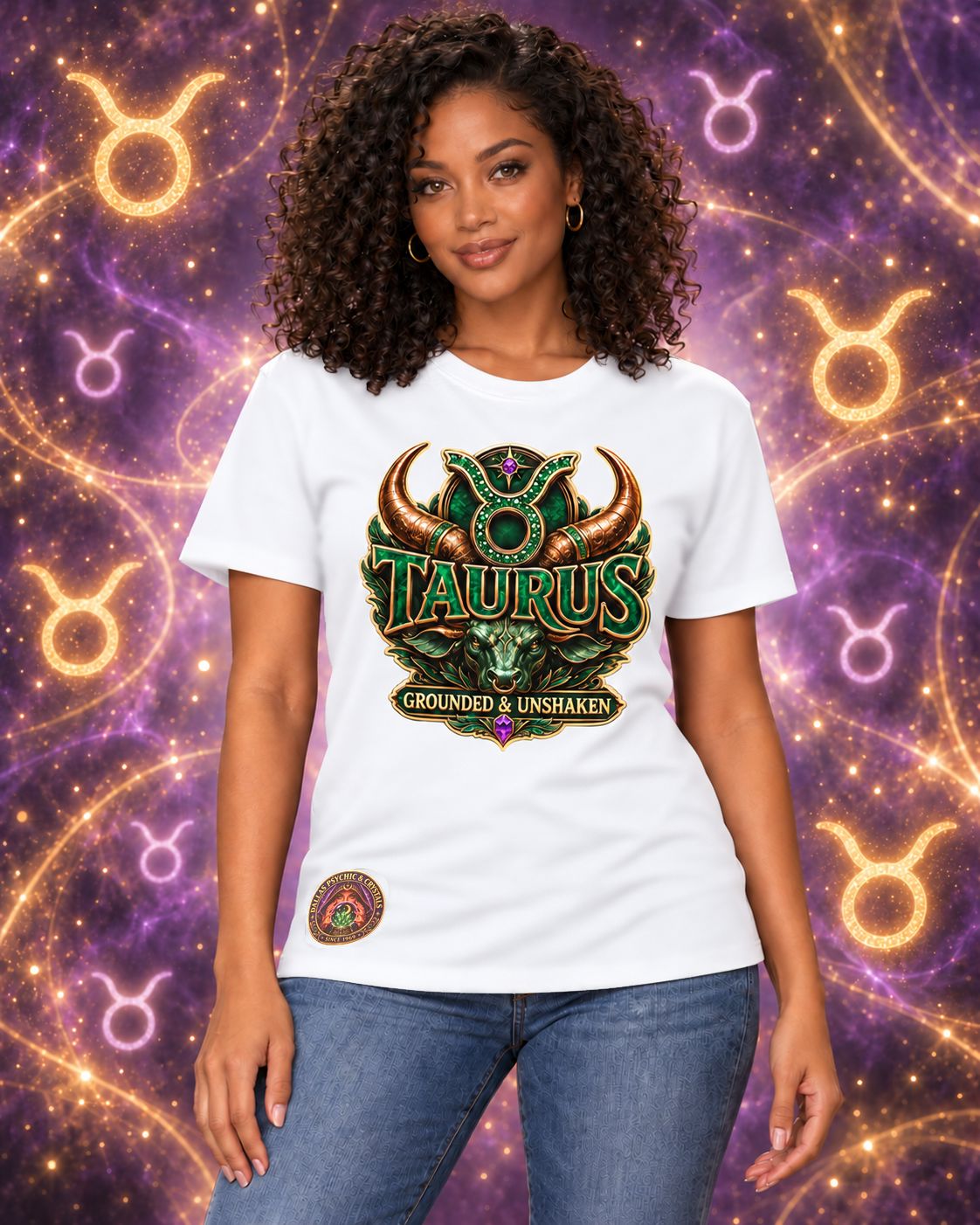 White Taurus zodiac crew-neck T-shirt, front view with “Grounded & Unshaken” artwork; AI-generated preview.