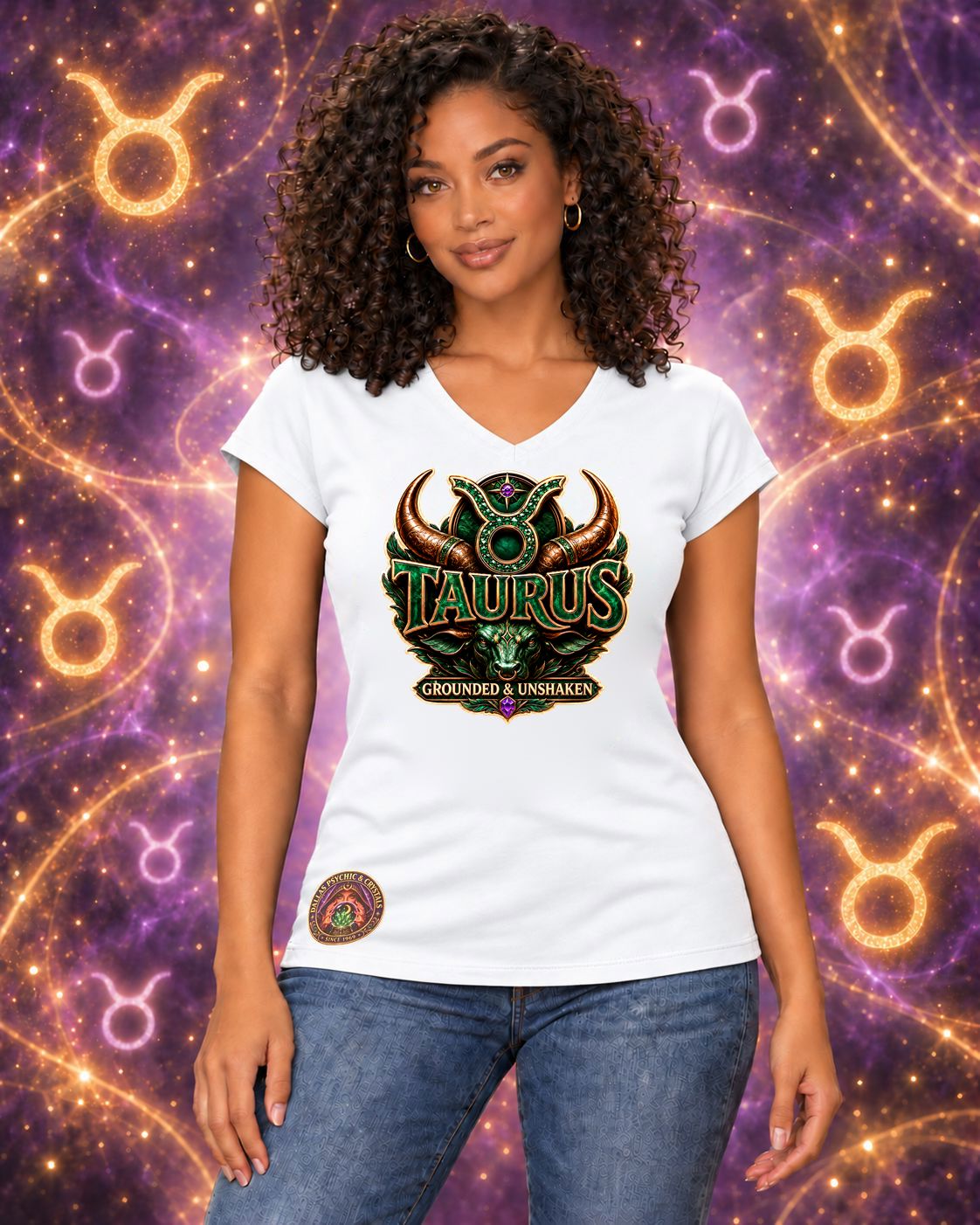 White Taurus zodiac women's V-neck T-shirt, front view with “Grounded & Unshaken” artwork; AI-generated preview.