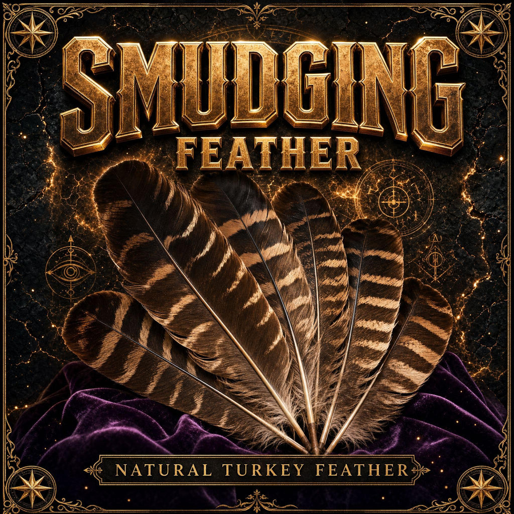 Turkey smudging feather with banded brown and cream barring, used to fan smudge smoke.