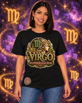 Black Virgo zodiac crew-neck T-shirt, front view with “Intuition in Every Detail” artwork; AI-generated preview.