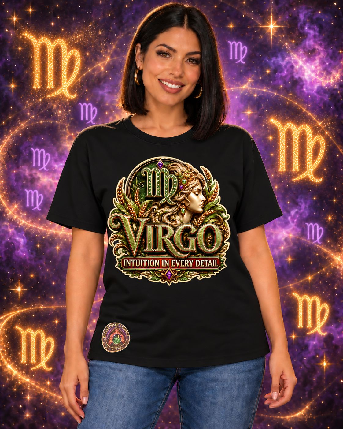 Black Virgo zodiac crew-neck T-shirt, front view with “Intuition in Every Detail” artwork; AI-generated preview.