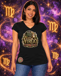 Black Virgo zodiac women's V-neck T-shirt, front view with “Intuition in Every Detail” artwork; AI-generated preview.