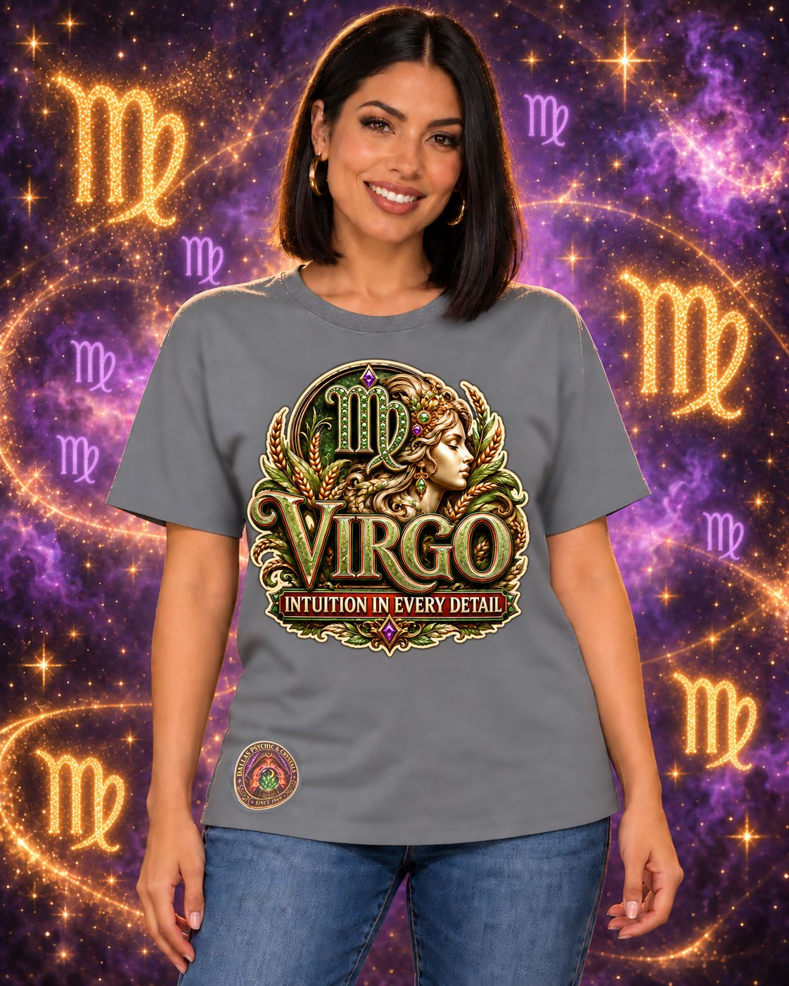 Grey Virgo zodiac crew-neck T-shirt, front view with “Intuition in Every Detail” artwork; AI-generated preview.