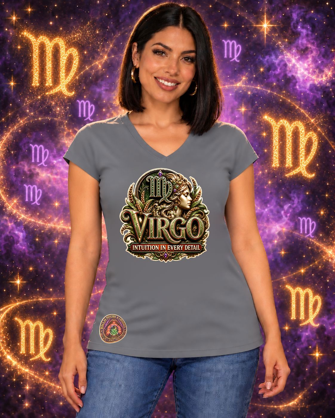 Grey Virgo zodiac women's V-neck T-shirt, front view with “Intuition in Every Detail” artwork; AI-generated preview.