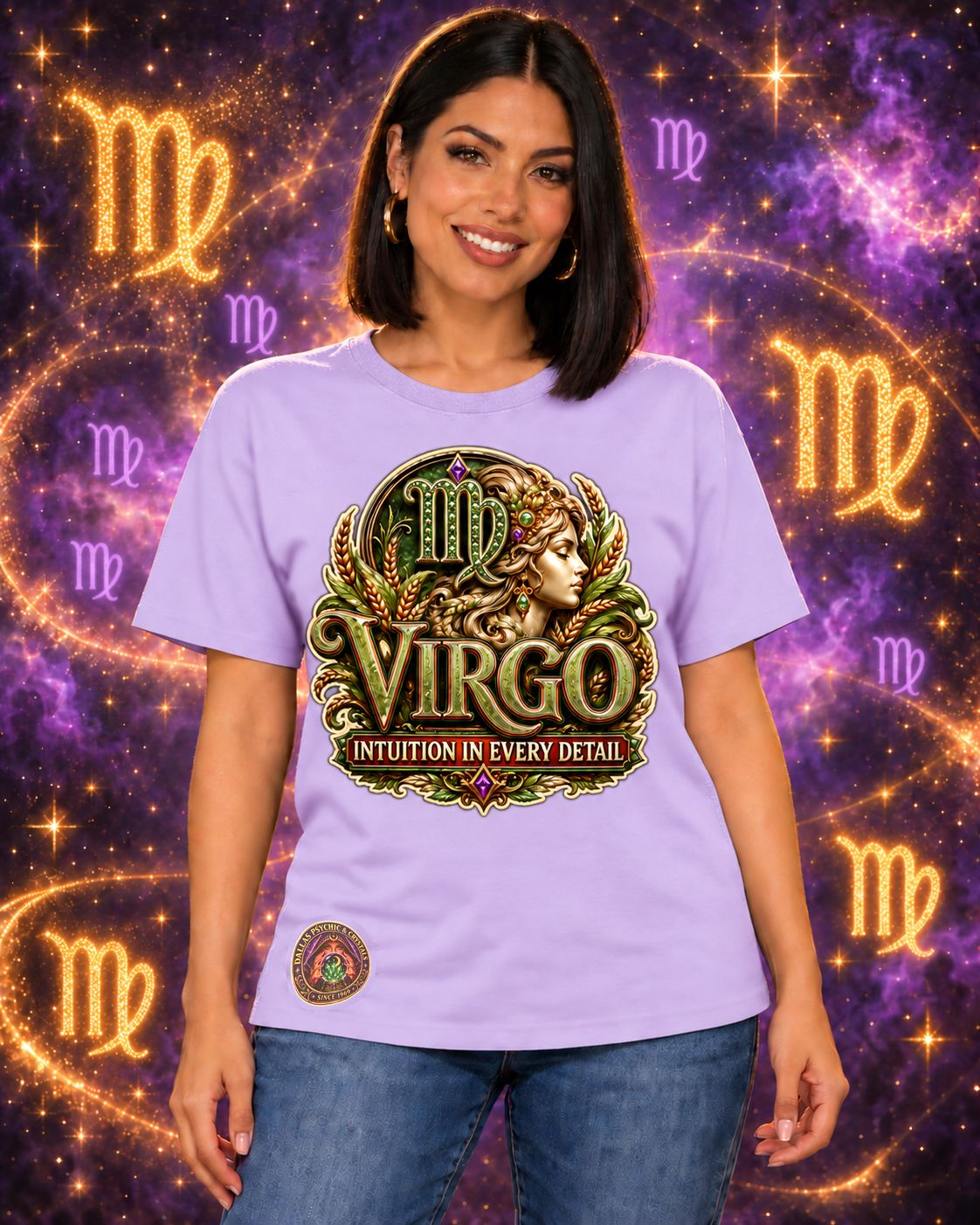 Lavender Virgo zodiac crew-neck T-shirt, front view with “Intuition in Every Detail” artwork; AI-generated preview.
