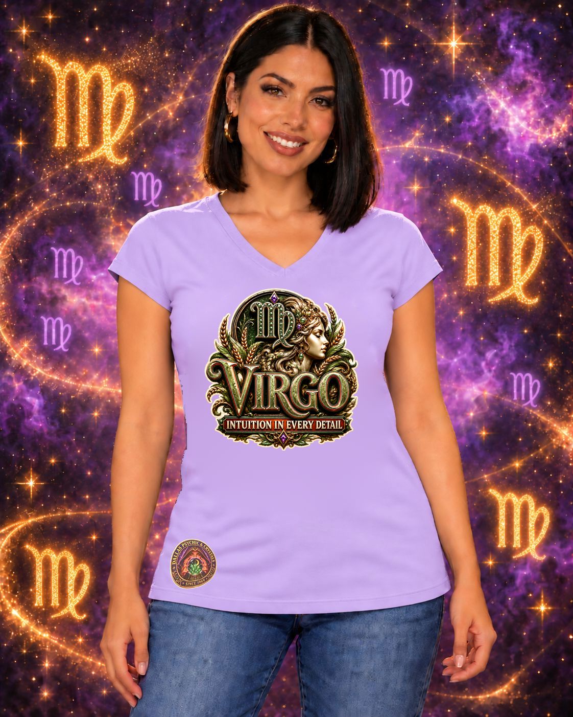 Lavender Virgo zodiac women's V-neck T-shirt, front view with “Intuition in Every Detail” artwork; AI-generated preview.