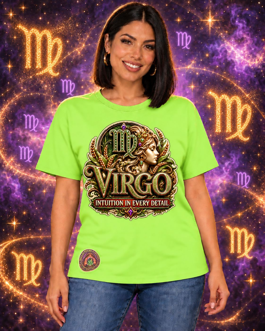 Lime Green Virgo zodiac crew-neck T-shirt, front view with “Intuition in Every Detail” artwork; AI-generated preview.