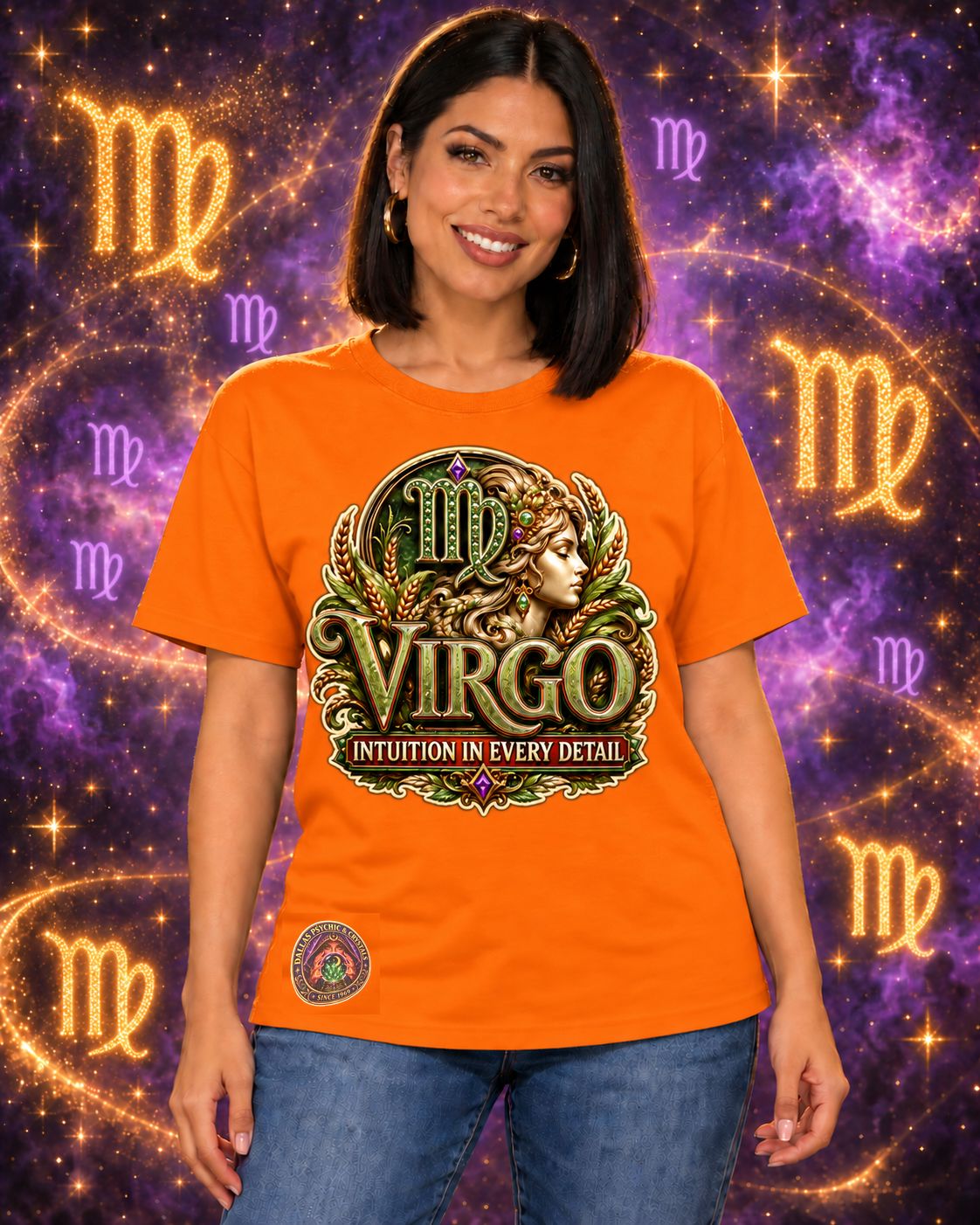 Orange Virgo zodiac crew-neck T-shirt, front view with “Intuition in Every Detail” artwork; AI-generated preview.