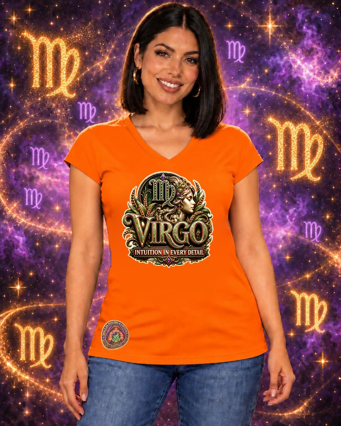 Orange Virgo zodiac women's V-neck T-shirt, front view with “Intuition in Every Detail” artwork; AI-generated preview.