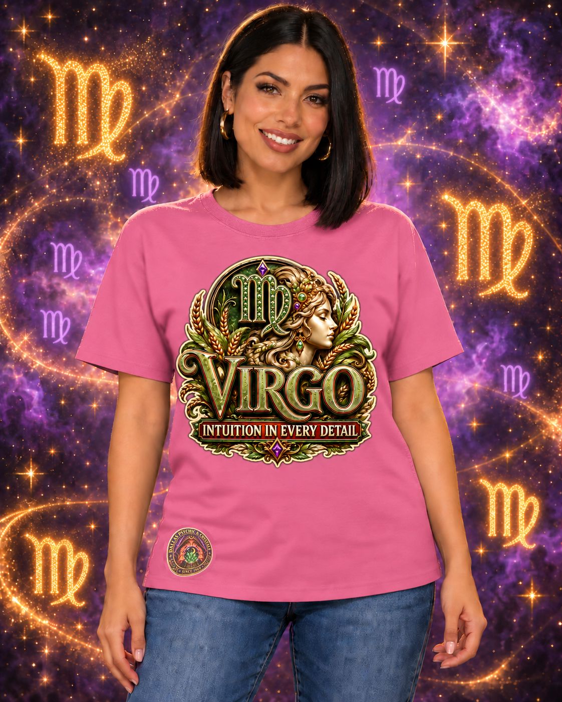 Pink Virgo zodiac crew-neck T-shirt, front view with “Intuition in Every Detail” artwork; AI-generated preview.