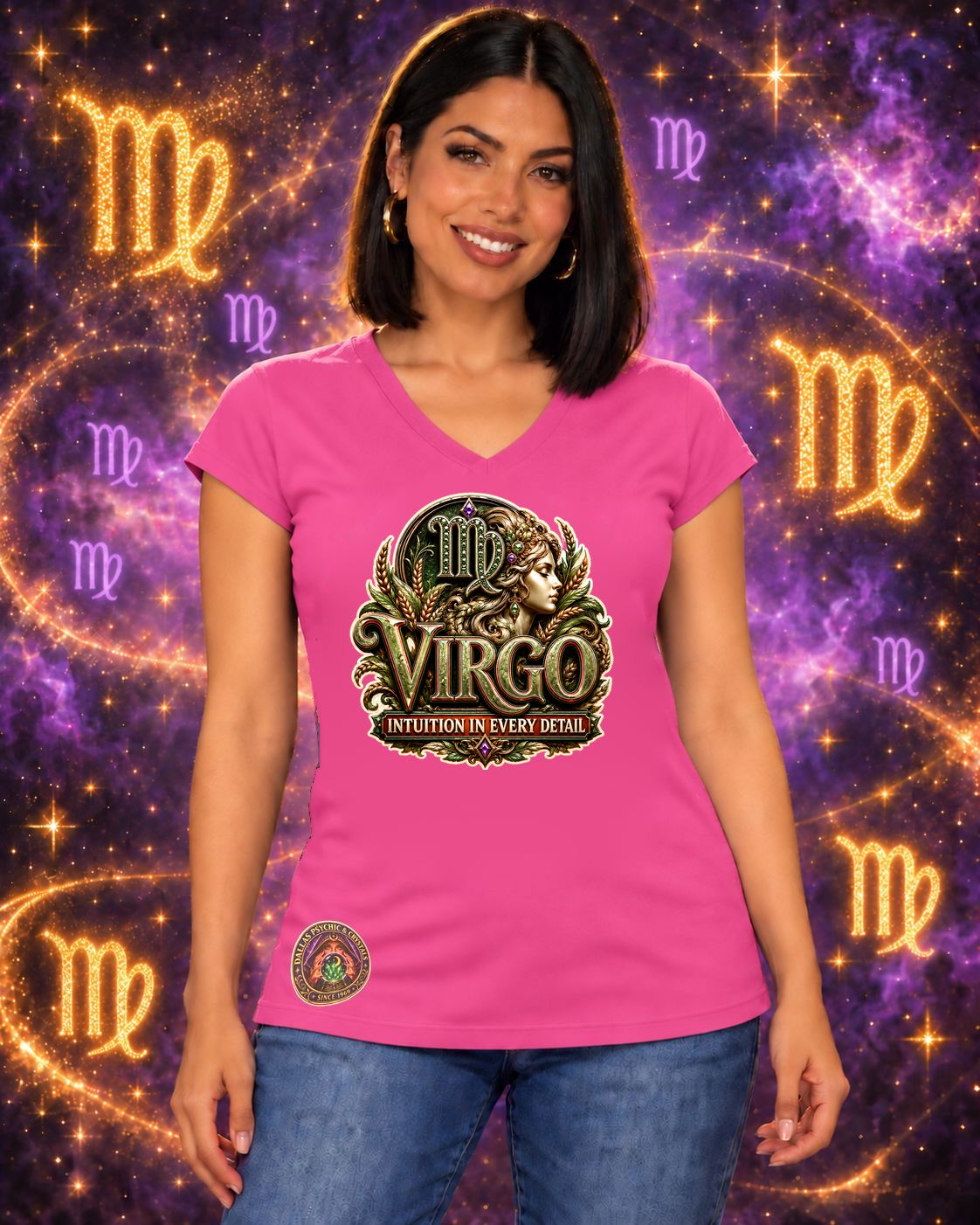 Pink Virgo zodiac women's V-neck T-shirt, front view with “Intuition in Every Detail” artwork; AI-generated preview.
