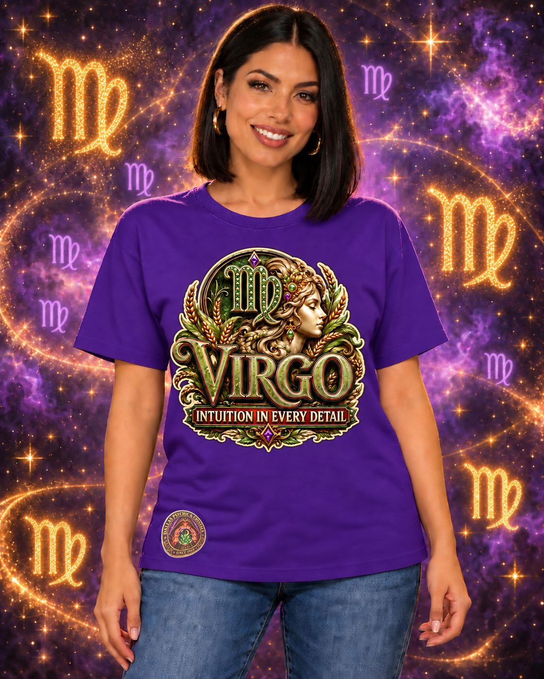 Purple Virgo zodiac crew-neck T-shirt, front view with “Intuition in Every Detail” artwork; AI-generated preview.