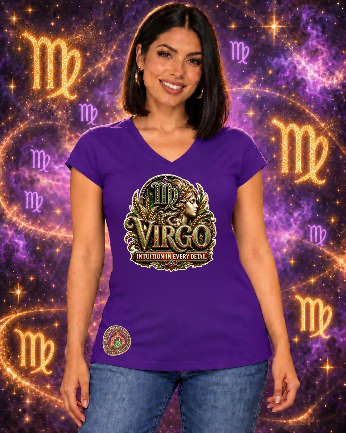 Purple Virgo zodiac women's V-neck T-shirt, front view with “Intuition in Every Detail” artwork; AI-generated preview.