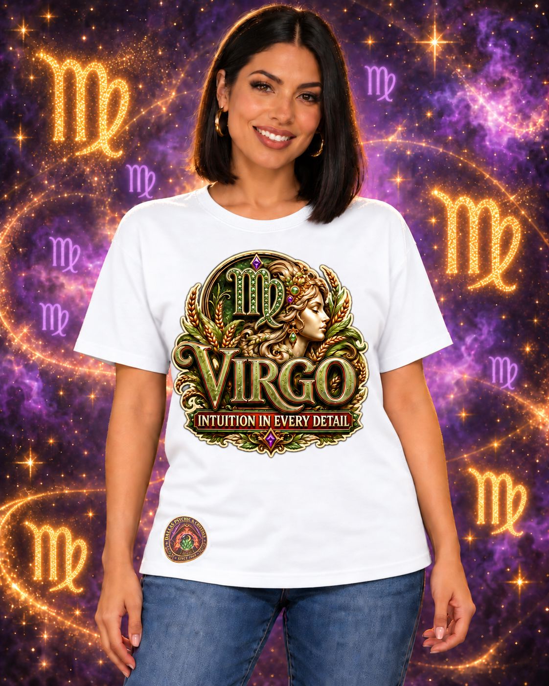 White Virgo zodiac crew-neck T-shirt, front view with “Intuition in Every Detail” artwork; AI-generated preview.