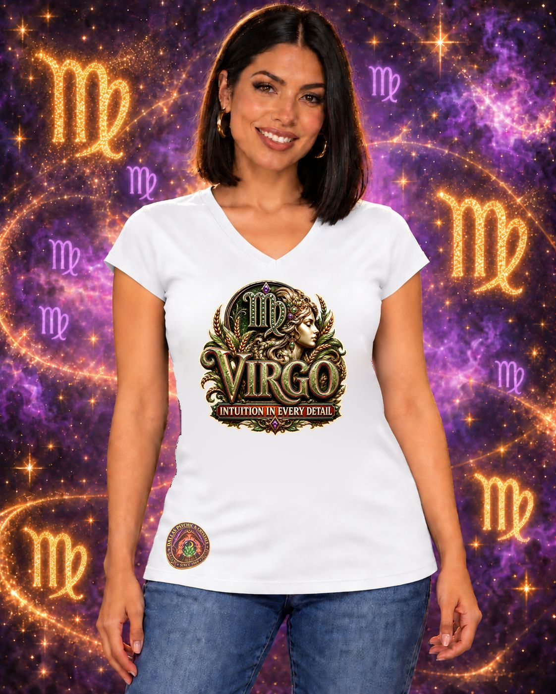 White Virgo zodiac women's V-neck T-shirt, front view with “Intuition in Every Detail” artwork; AI-generated preview.