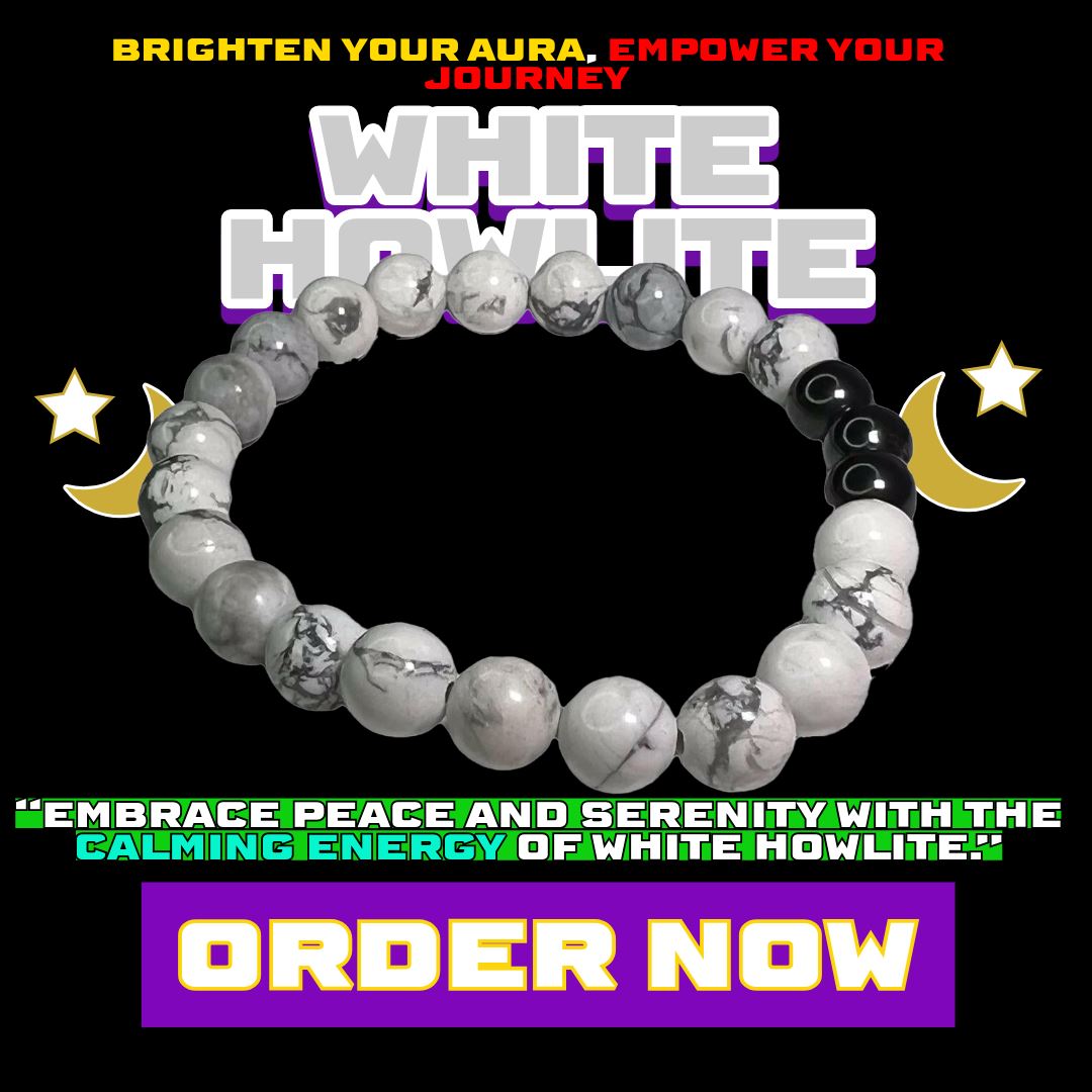White Howlite bracelet with polished beads and black hematite accents – calming energy crystal jewelry for stress relief, emotional balance, and spiritual clarity from Dallas Psychic & Crystals.