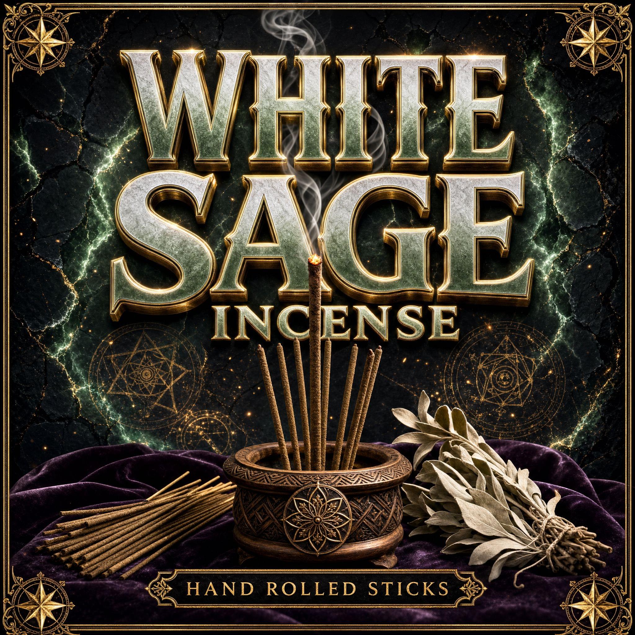 White sage incense stick burning with a curl of smoke rising, beside its bundle of unlit sticks.