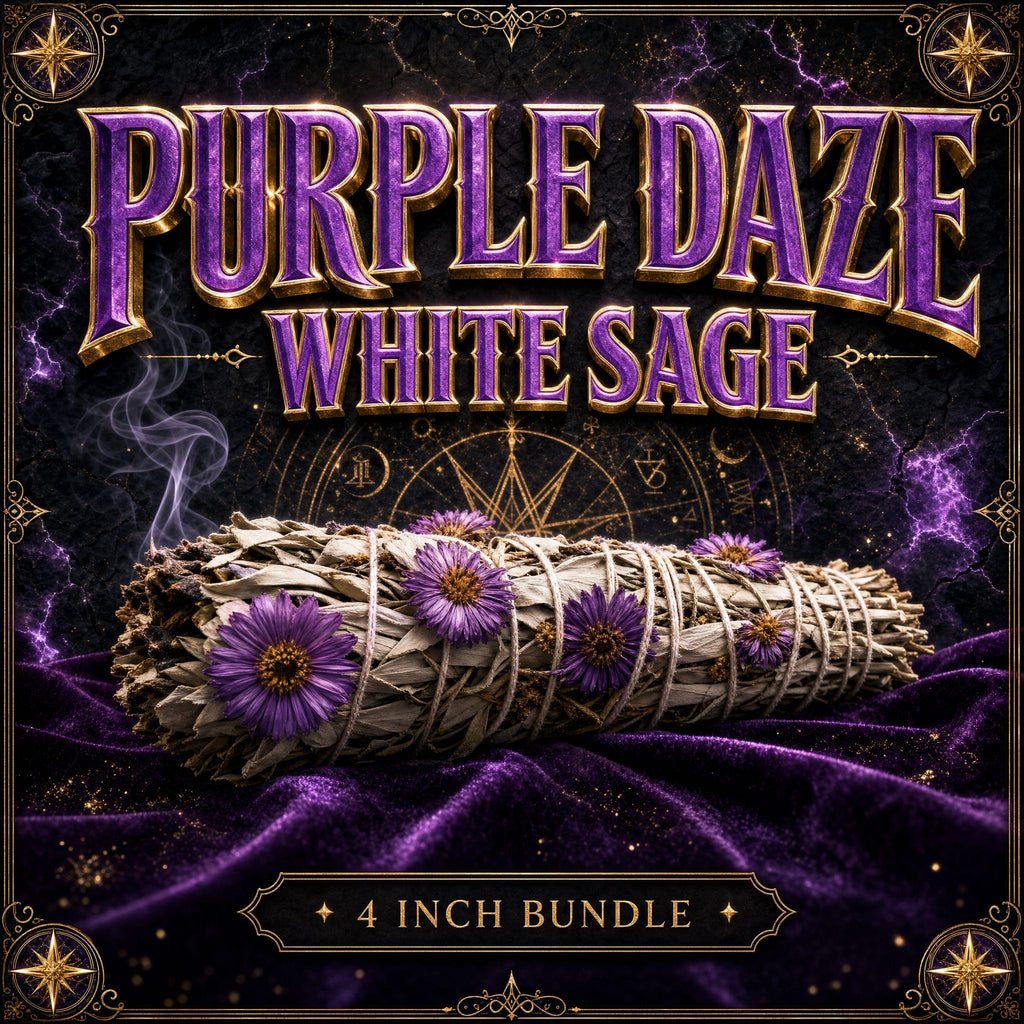 Purple Daze smudge stick, white sage dyed deep purple and bound with cotton string.