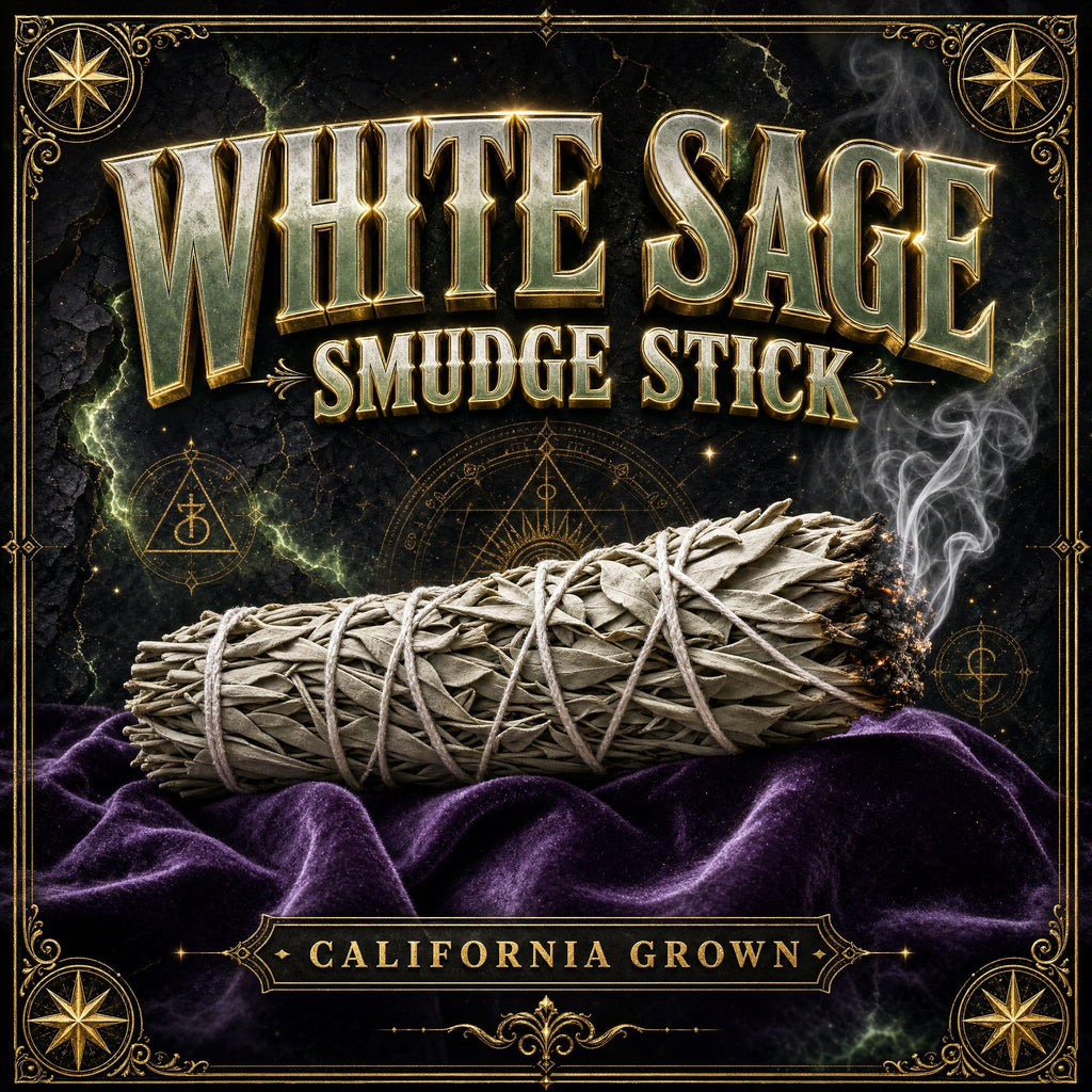 Bundle of white sage leaves tied with cotton string, silvery-green smudge stick ready for cleansing rituals.